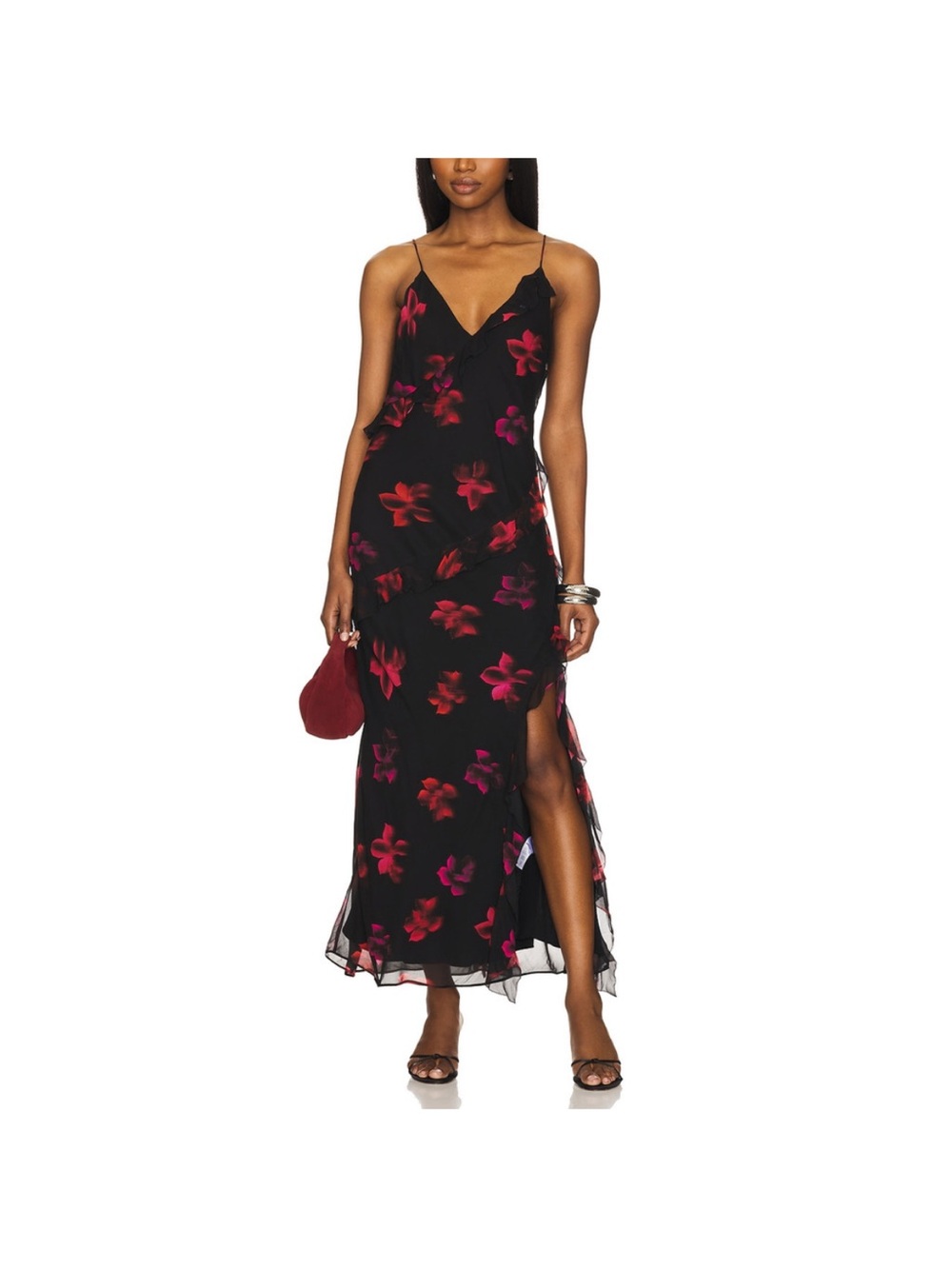 Black Floral Maxi Dress with Ruffle Detail